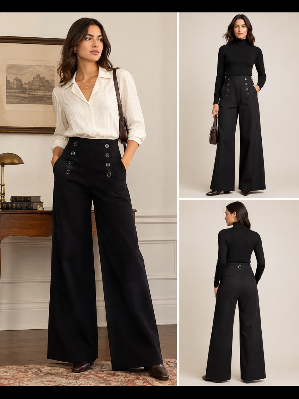 Elevenses Anthropologie Size 12 Black Wide Leg Sailor Pants High Rise Academia